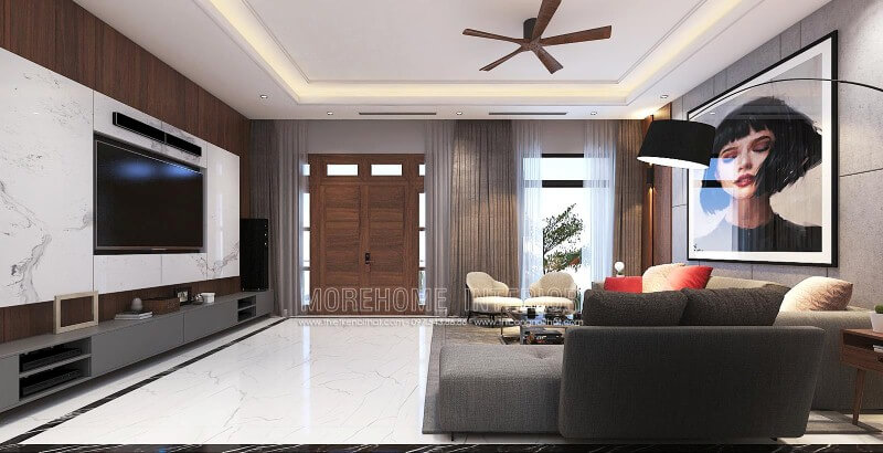 Bố trí nội thất phòng khách hiện đại đẹp, tinh tế từ đá ốp tường vân mây, tranh treo tường nghệ thuật cùng sofa hiện đại cao cấp. Chiêm ngưỡng các mẫu thiết kế phòng khách hot nhất hiện nay