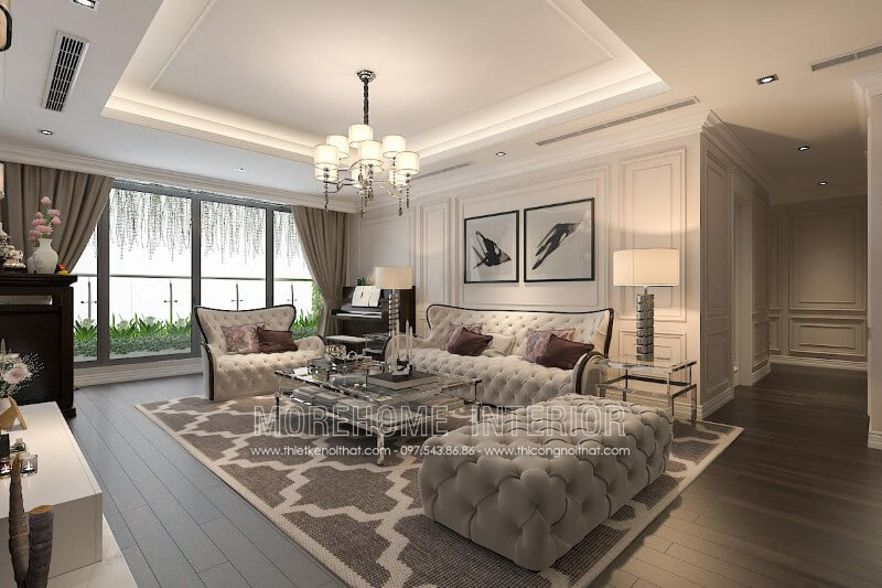 Thiết kế, sản xuất Sofa tân cổ điển khung gỗ tự nhiên, bọc nỉ cao cấp nhập khẩu sang trọng thể hiện sự đẳng cấp, sự quyền uy của gia chủ Thiết kế phòng khách biệt thự